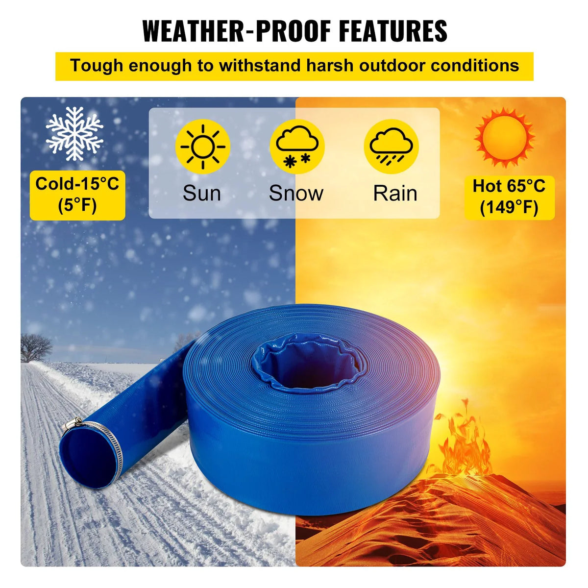 Discharge Hose, 1-12" x 105',  Fabric Lay Flat Hose, Heavy Duty Backwash Drain Hose with Clamps, Weather-proof & Burst-proof, Ideal for Swimming Pool & Water Transfer, Blue