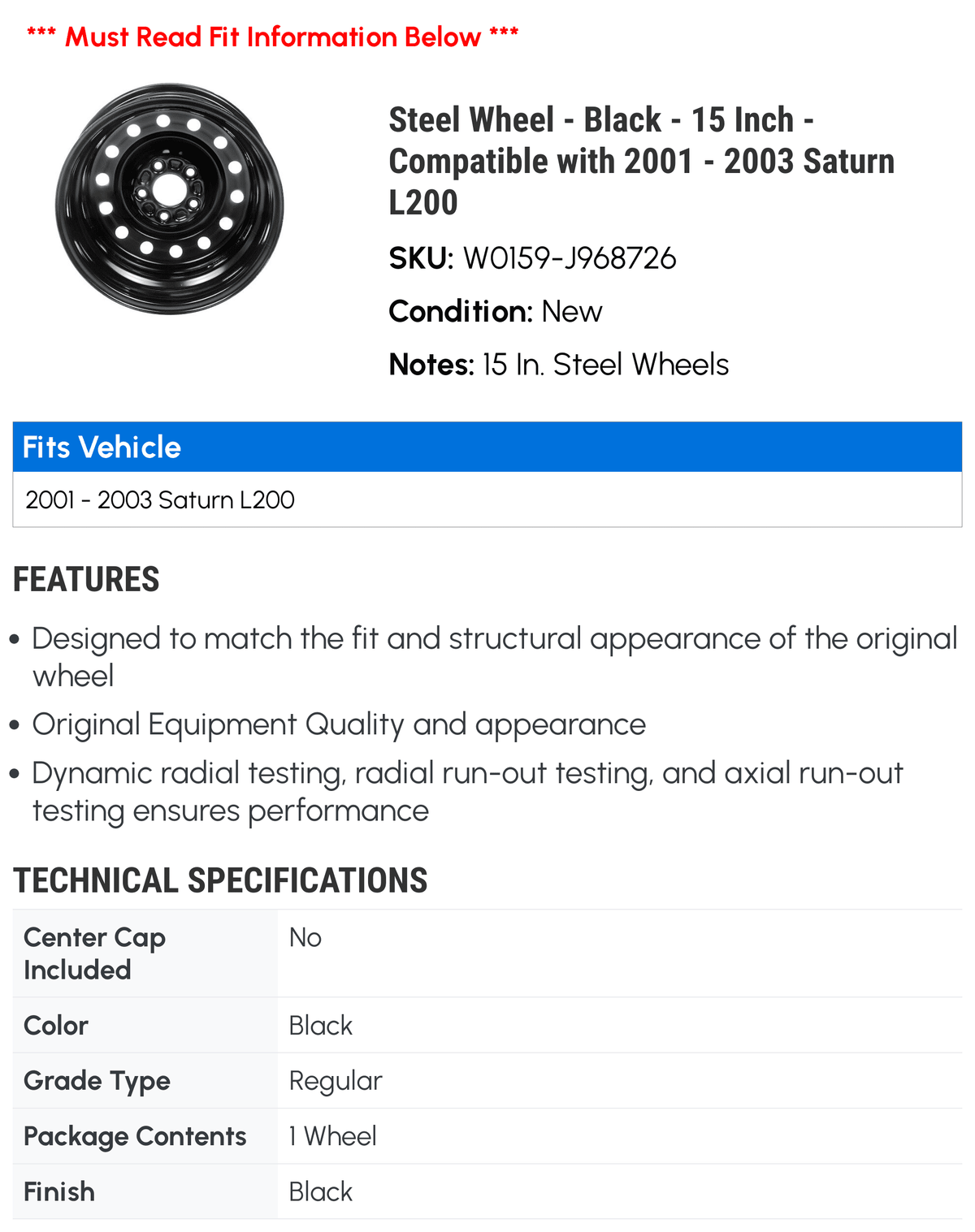 Steel Wheel - Black - 15 Inch - Compatible with 2001 - 2003 Saturn  2002
