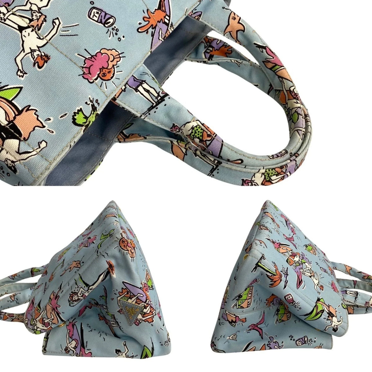 Pre-Owned  Prada Triangle Canapa Surfing Pattern Canvas Handbag Tote Bag Blue Multicolor 25905 (Good)