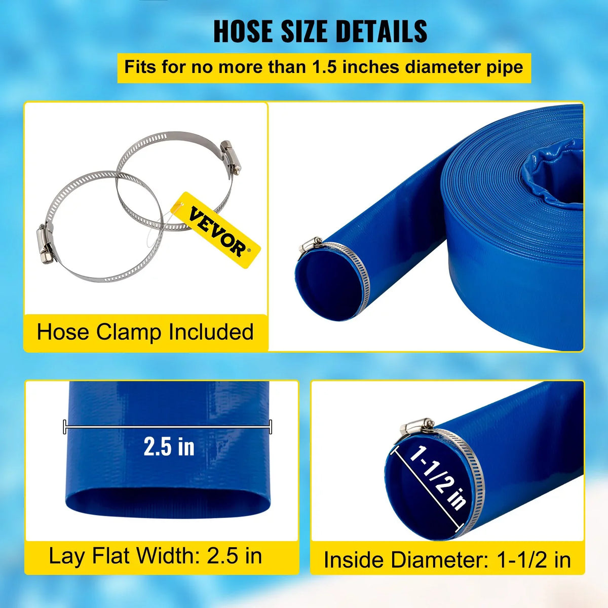 Discharge Hose, 1-12" x 105',  Fabric Lay Flat Hose, Heavy Duty Backwash Drain Hose with Clamps, Weather-proof & Burst-proof, Ideal for Swimming Pool & Water Transfer, Blue