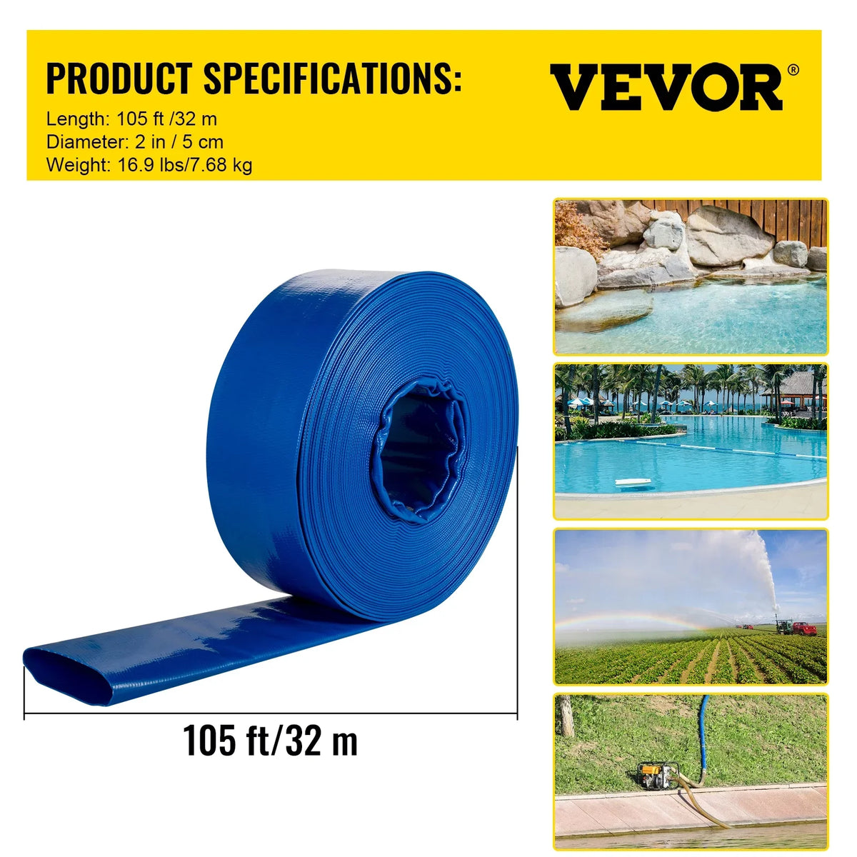 Discharge Hose, 2" x 105',  Fabric Lay Flat Hose, Heavy Duty Backwash Drain Hose with Clamps, Weather-proof & Burst-proof, Ideal for Swimming Pool & Water Transfer, Blue
