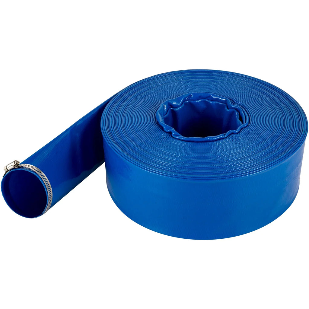 Discharge Hose, 2" x 105',  Fabric Lay Flat Hose, Heavy Duty Backwash Drain Hose with Clamps, Weather-proof & Burst-proof, Ideal for Swimming Pool & Water Transfer, Blue