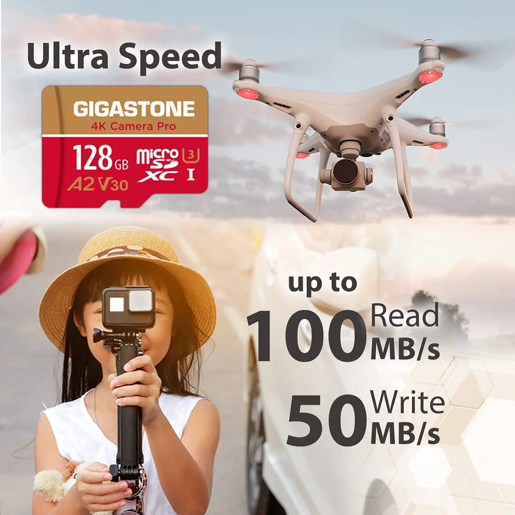 Gigastone 128GB Micro  Card, 4K Video Recording, 4K Camera Pro, suitable with Nintendo Switch, Dash Cam, GoPro Cameras, / up to 100/50 /s, Micro  -   Class 10, 2 Pack (2x128GB)