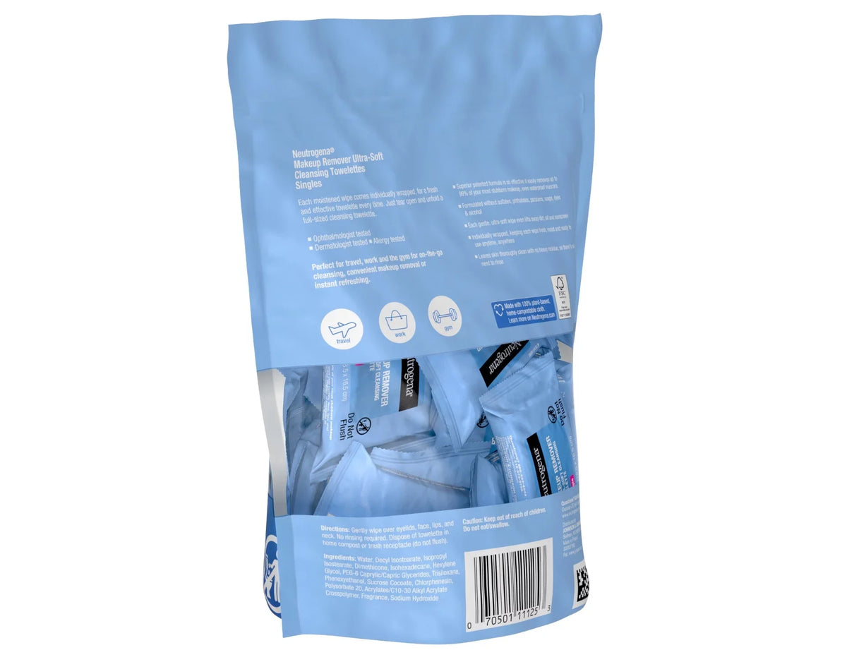 Neutrogena Makeup Remover Cleansing Towelette Singles, Daily Face Wipes to Remove Dirt, Oil, Makeup & Waterproo (Pack of 3)