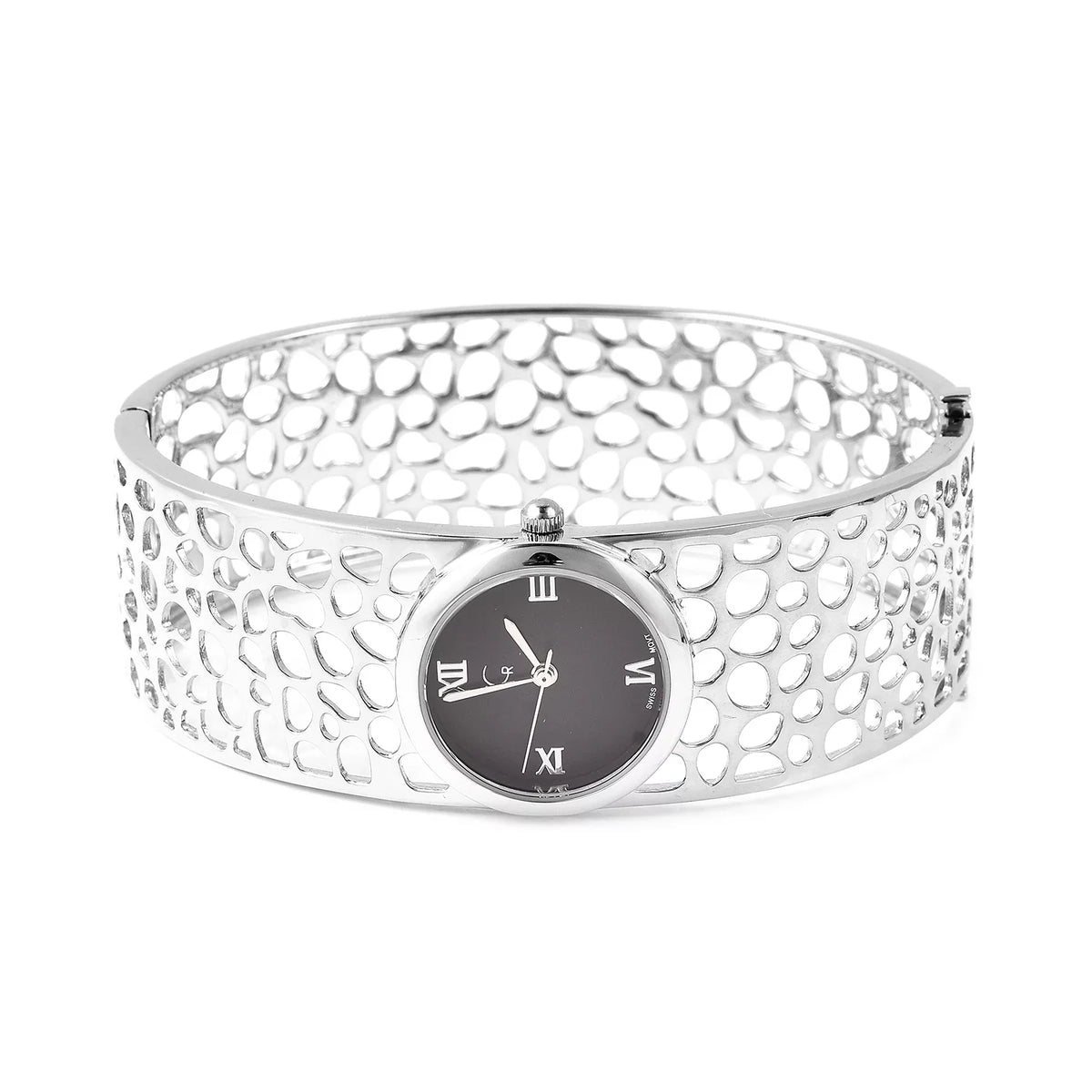 Rachel Galley Swiss Movement Watch Bangle Bracelet Silver Back 7.5 in