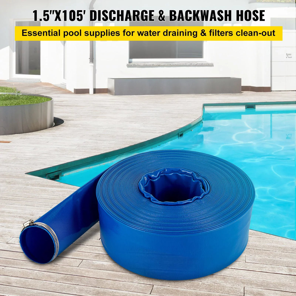 Discharge Hose, 1-12" x 105',  Fabric Lay Flat Hose, Heavy Duty Backwash Drain Hose with Clamps, Weather-proof & Burst-proof, Ideal for Swimming Pool & Water Transfer, Blue
